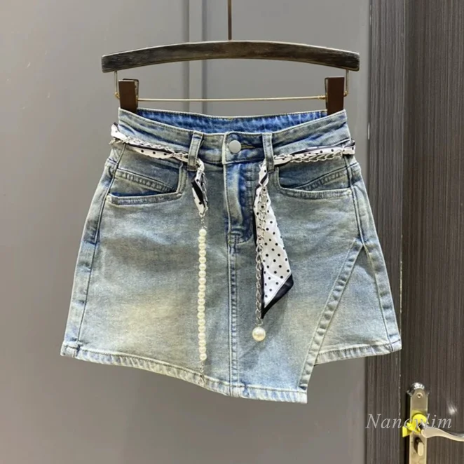 

2026 Summer New Arrival: Light Blue Vintage Denim Skirt - High Waist, Slimming, Asymmetrical A-line Mini Skirts with Belt