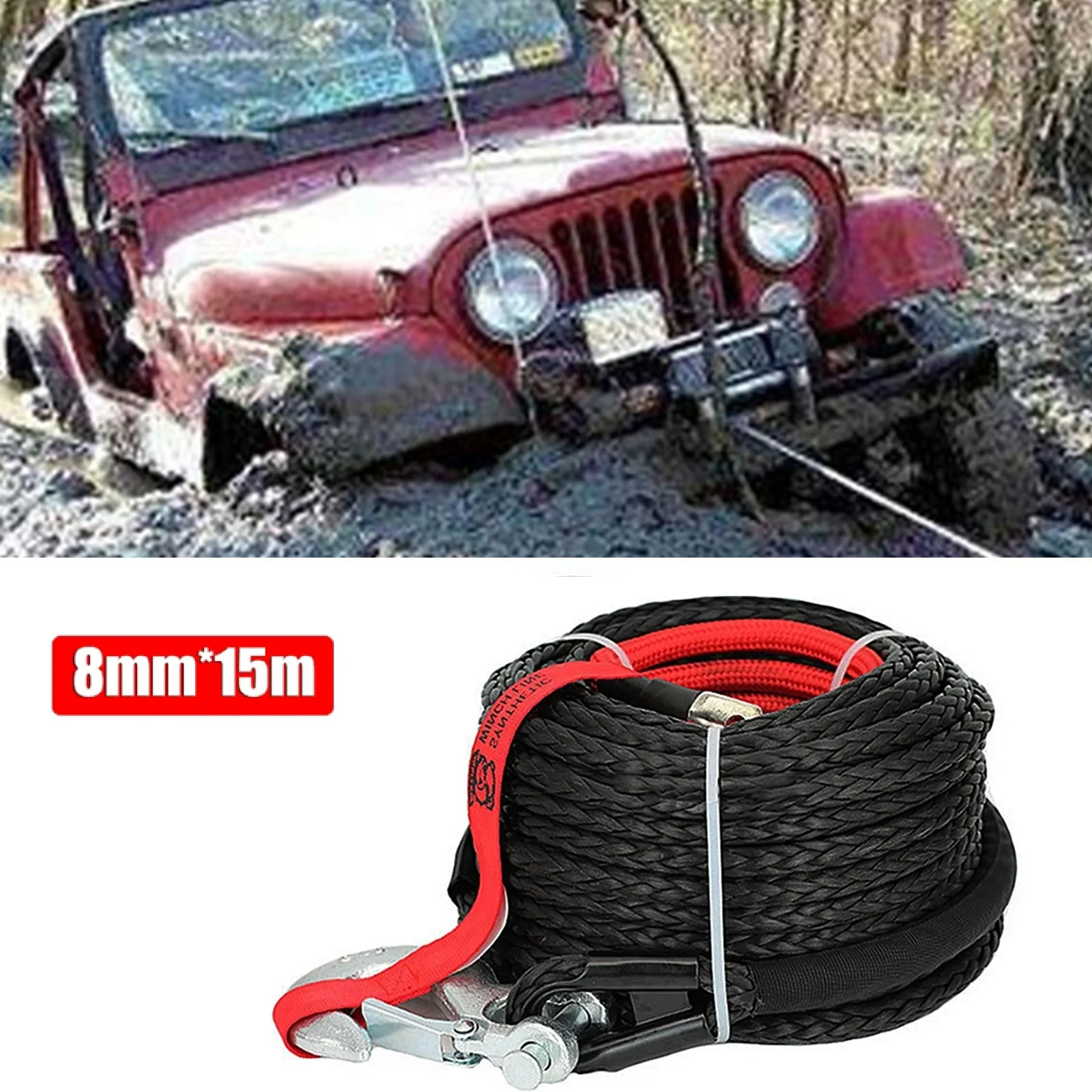 

8mm*15m Synthetic Winch Rope Tow Car 4x4 Accessories Off Road Trailer Strap Breaking Strength Max 20500LBS For ATV SUV Vehicle