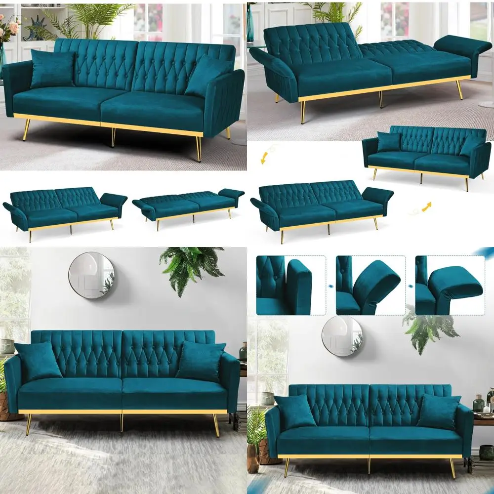 

"70-inch velvet futon sofa bed with adjustable armrests and backrest, convertible couch with 2 pillows, modern sleeper for livin