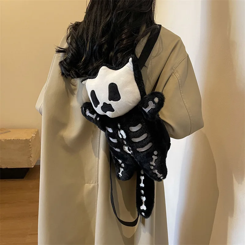 

Halloween Funny Skull Plush Backpack, Cute Ugly Cute Skull Cat Backpack Personality Little Demon Plush Bag