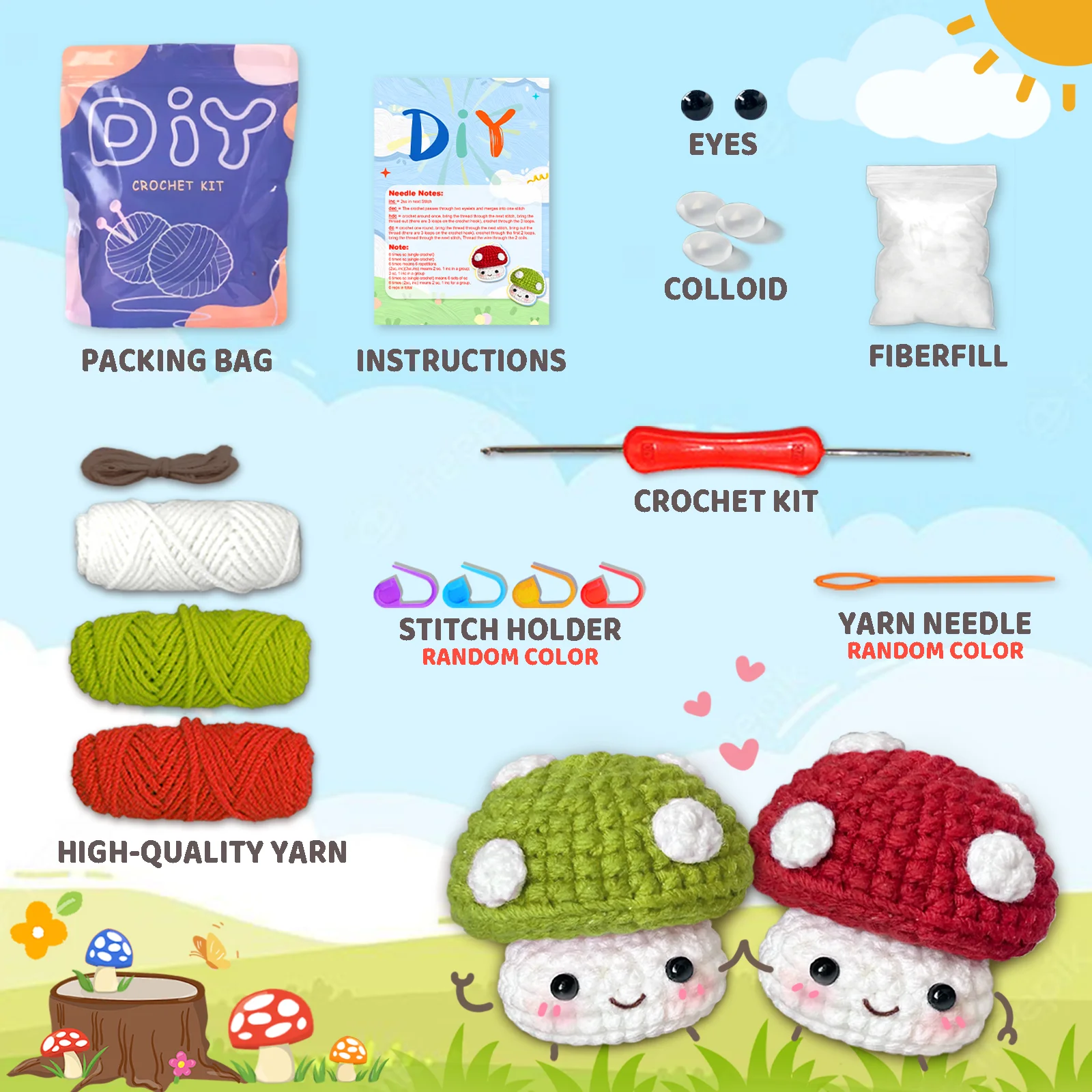 Small mushrooms，Perfect for Beginners, Includes Step-by-Step Video Tutorial,Cute Woven Craft for Delicious Food and Gift-Giving