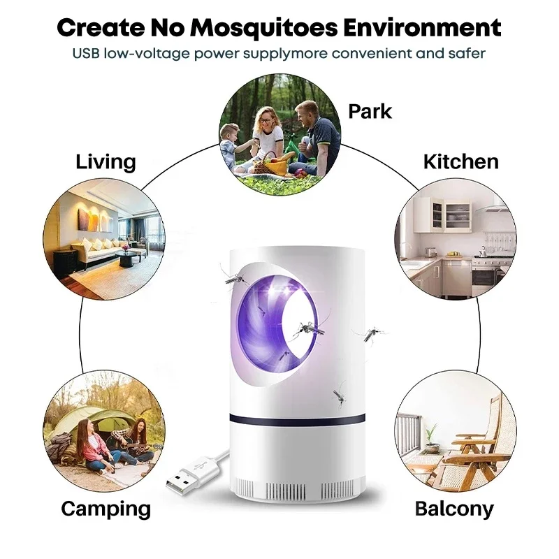 Xiaomi-Lâmpada elétrica portátil do assassino do mosquito com fonte de alimentação e adaptador USB, Indoor Insect Fly Trap, Ventilador de sucção