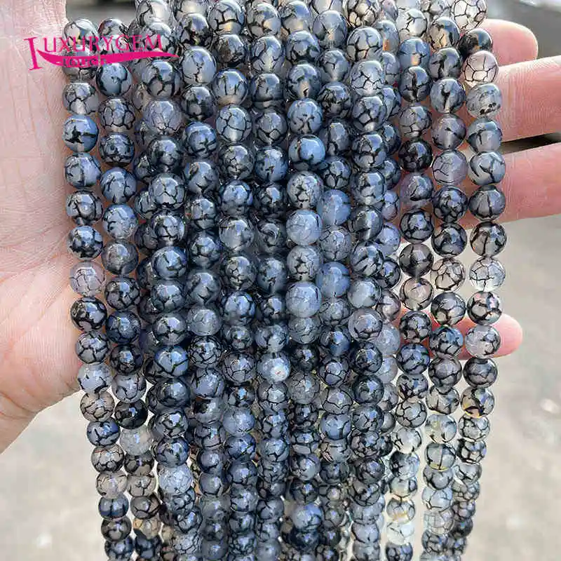 4-12mm Natural Color Black Line Crack Agates Stone Smooth Round Shape Loose Beads DIY Jewelry Accessories 38cm sk571