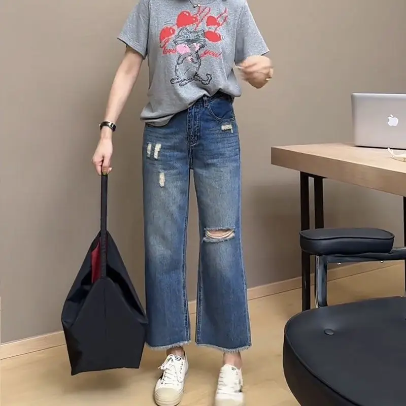 

Spring 2026 High Waist Straight Leg Denim Jeans Women Loose American Retro Frayed Wide Leg Nine Point Pants Cotton Stretch