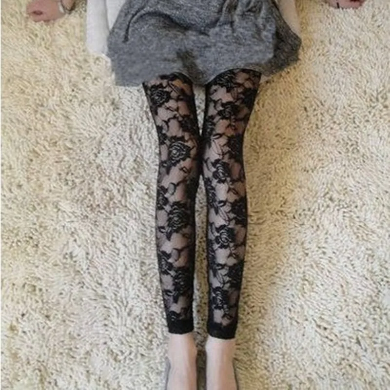 

1PCS Women Leggings Sexy Leather Pants Flower Lace Mesh Stitching Solid Black Long Pants For Nightclub Dancing Perspective