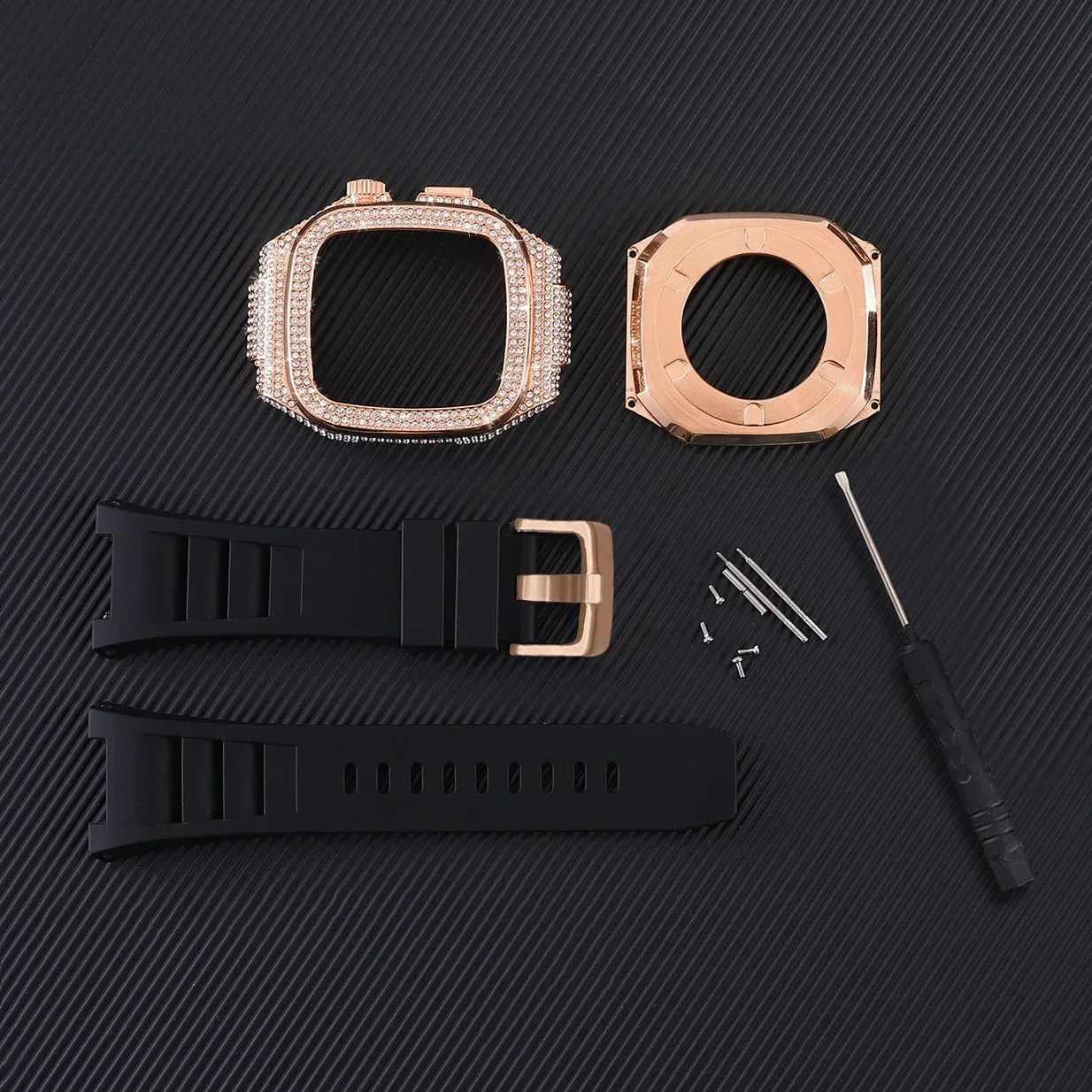 Diamond Case for Apple Watch Band 10 9 8 7 46MM 45MM Stainless Steel Case Modification Kit Rubber Strap for IWatch 6 5 SE 44mm