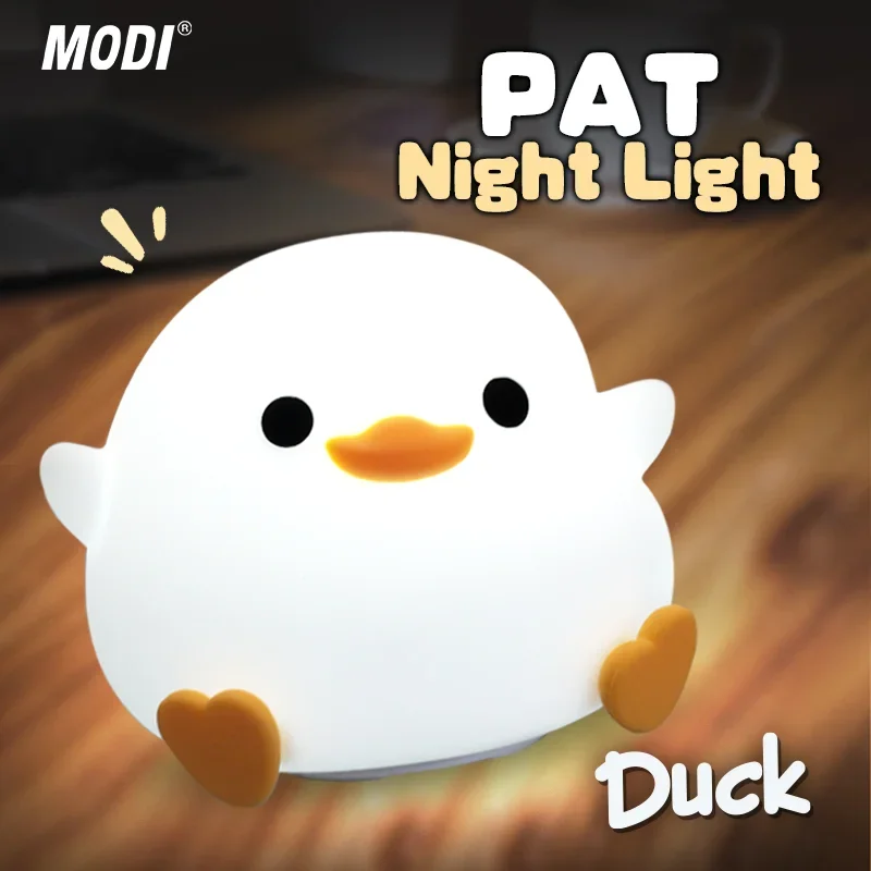 Linda luz nocturna de pato, lámpara LED de silicona con animales de dibujos animados para niños, Sensor táctil, temporizador y recargable por USB, decoración para habitación de niños