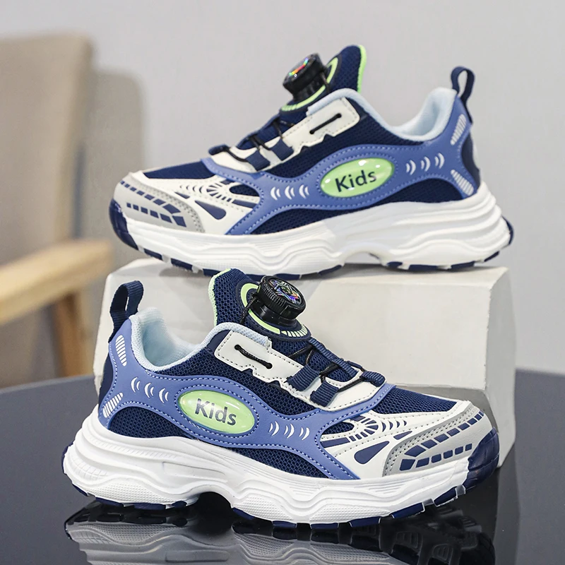 2026 New Spring Fashion Rotary Button Sneakers Mesh Surface Breathable Anti-Slip Running Shoes for Student Kids