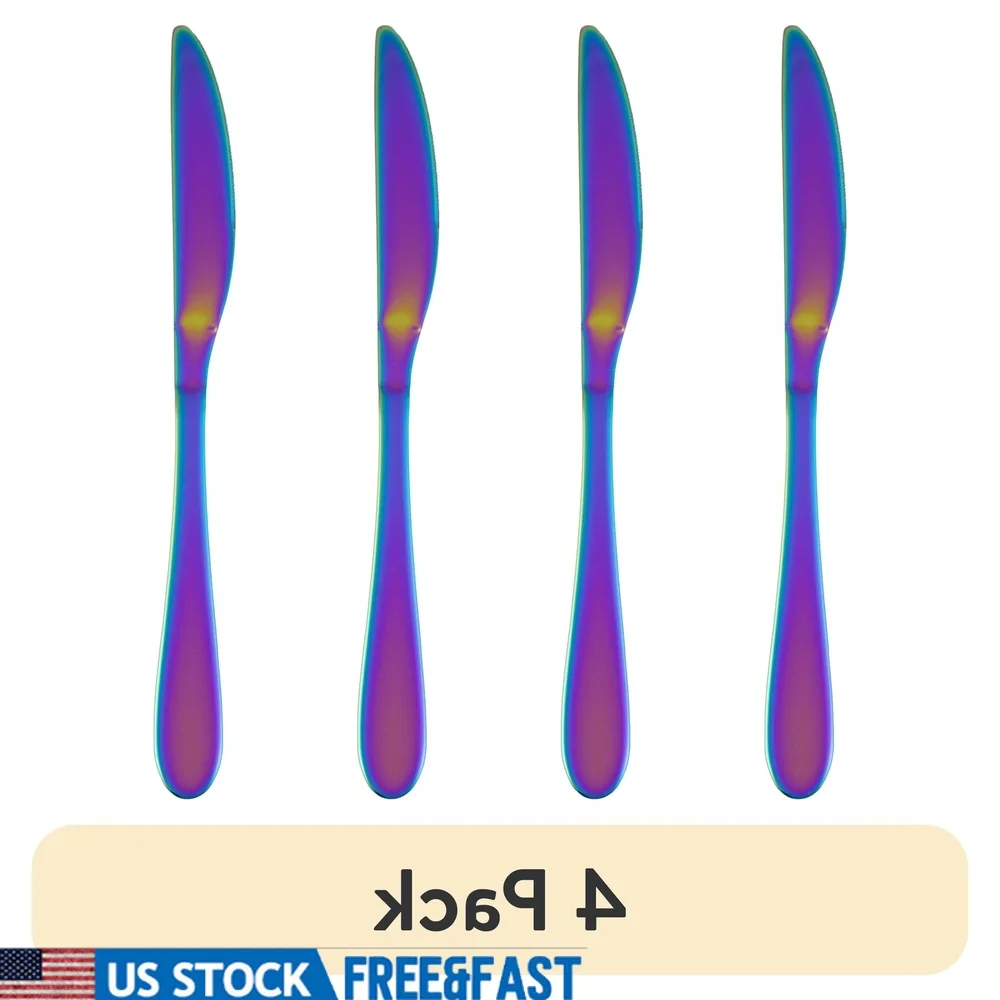 

Rainbow Mirror Stainless Steel Dinner Knife Set of 4 Comfortable Handle Dishwasher Safe Colorful Tableware Everyday Use Indoor