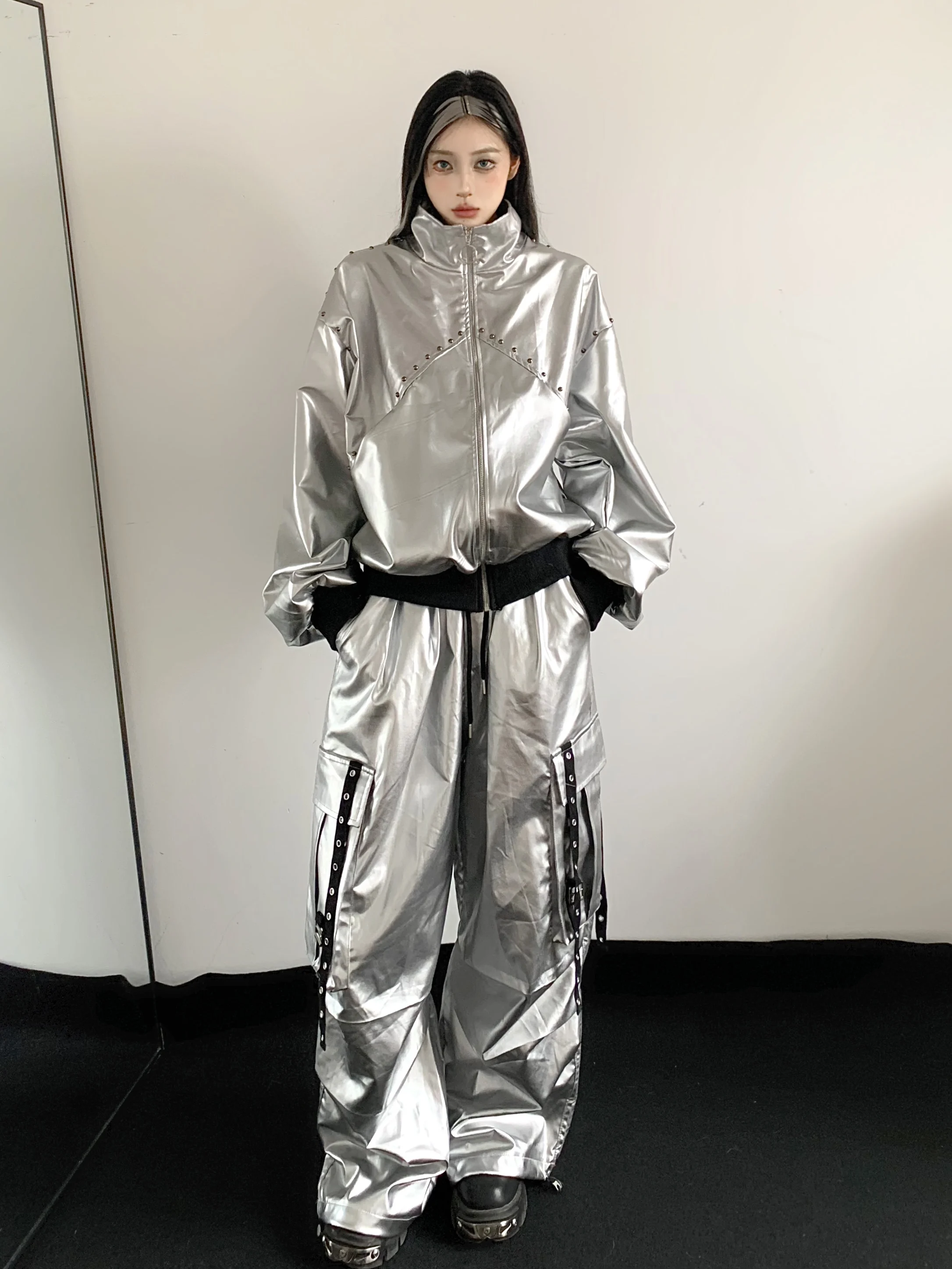 New 2026 Silver Shiny Jazz Dance Clothing Sexy Girl Jacket Top High-End PU Leather Cool Short Outerwear for Women 20-50 Years...