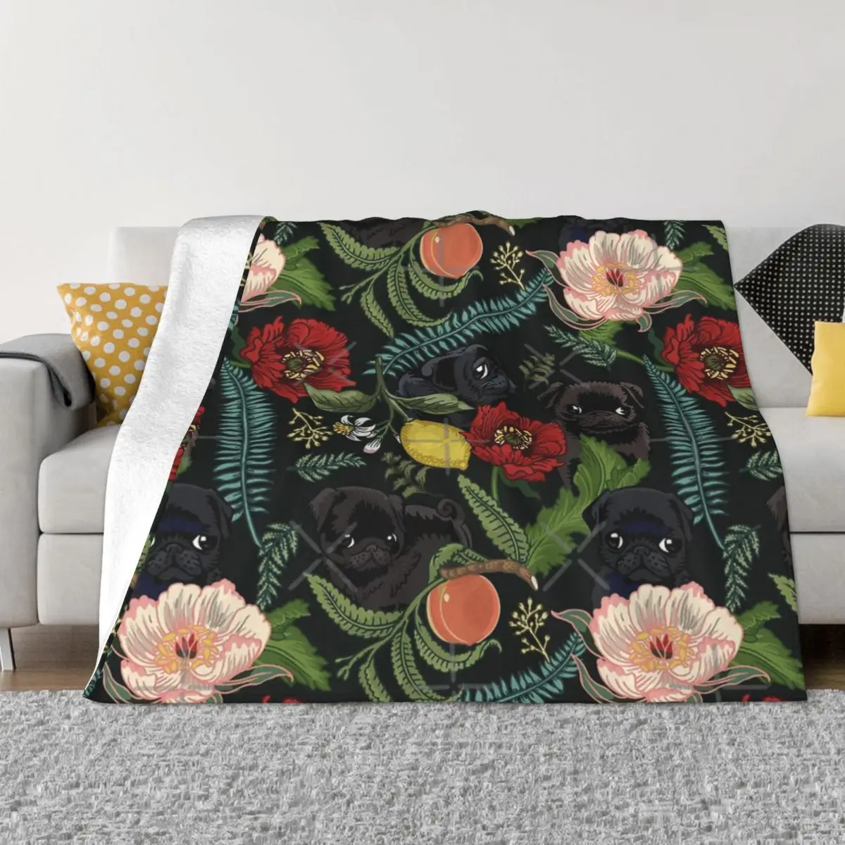 

Botanical And Black Pugs Anime Blanket Winter Blankets Home And Decoration Throw Blanket