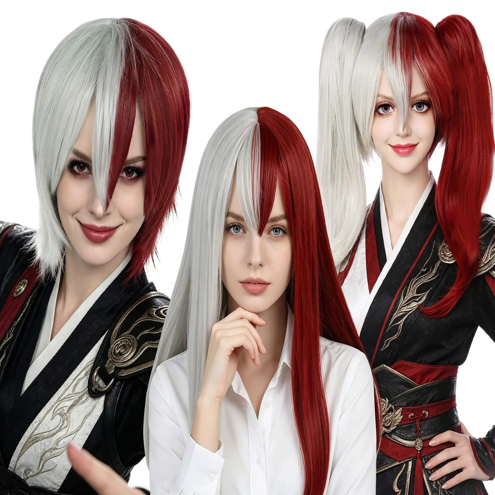Women's Wig Half Red Half Silvery Silver Gray Synthetic Wig , Short Long Straight Cosplay Wig, Character Wig for Halloween Party