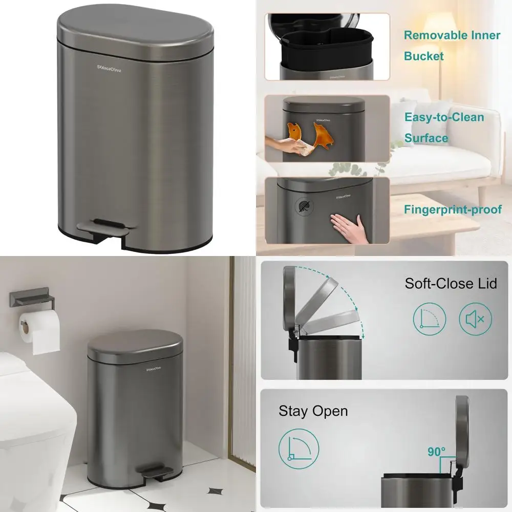

Stainless Steel Round Step Trash Can with Soft Close Lid and Removable Inner Bucket for Small Bathroom Use
