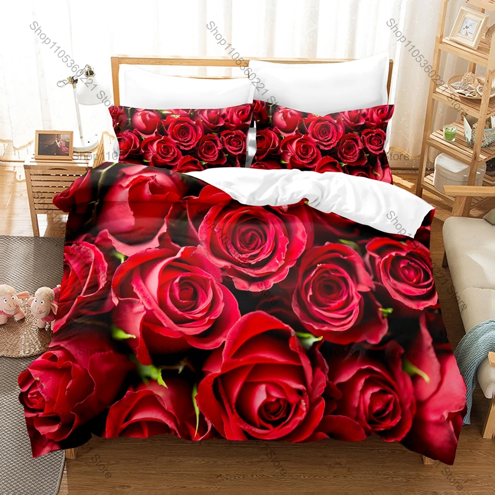 Kawaii Red Rose Love Three Piece Bedding Set Luxury Comforter Set with Queen King Size Cool Two household goods Anime autumn 3