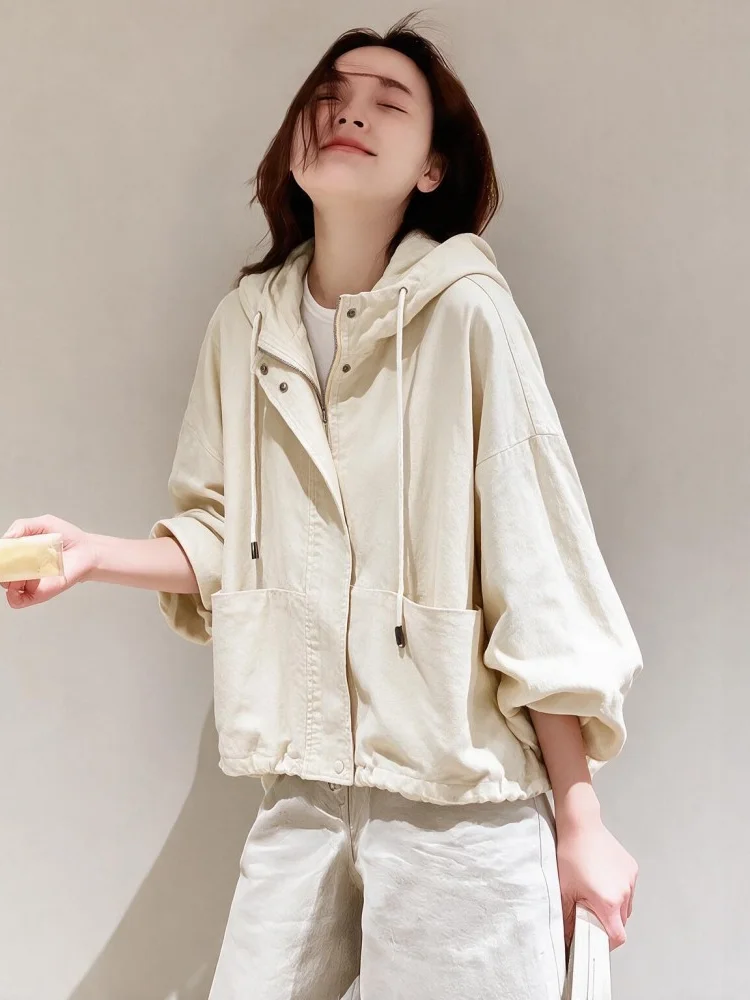 Retro Washed Hooded Jacket Women's Design Spring New Loose Fit Short Outerwear Cotton Commute Style Zipper Decorated Long Sleeve