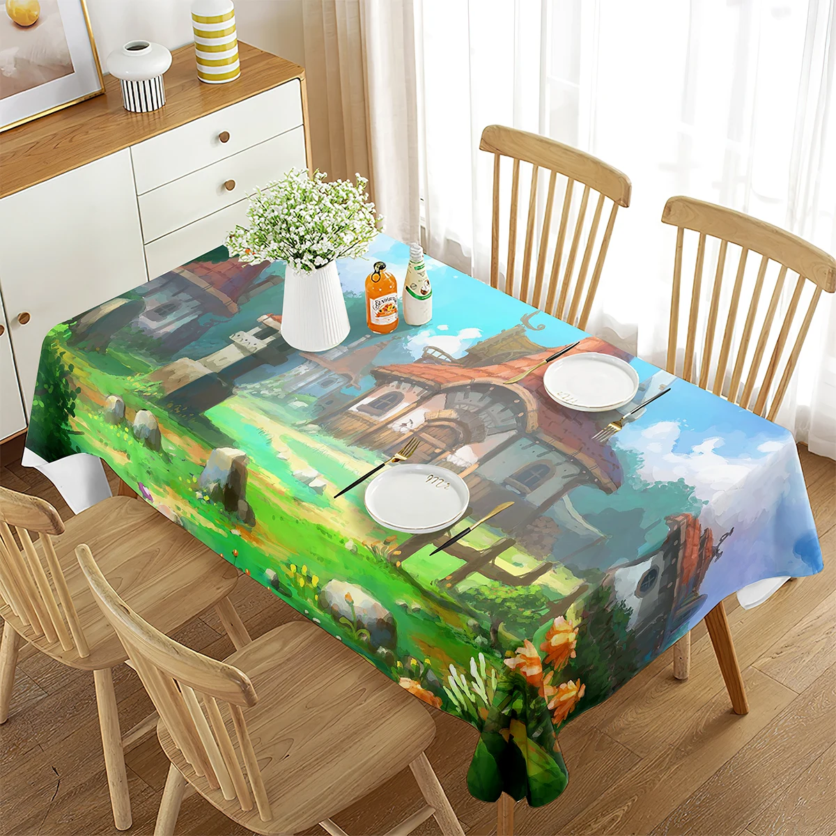 Cartoon Fairy Tale Hedge House Tablecloth Rectangular Table Cover for Coffee Table Dining Room Kitchen Living Room Picnic Decor