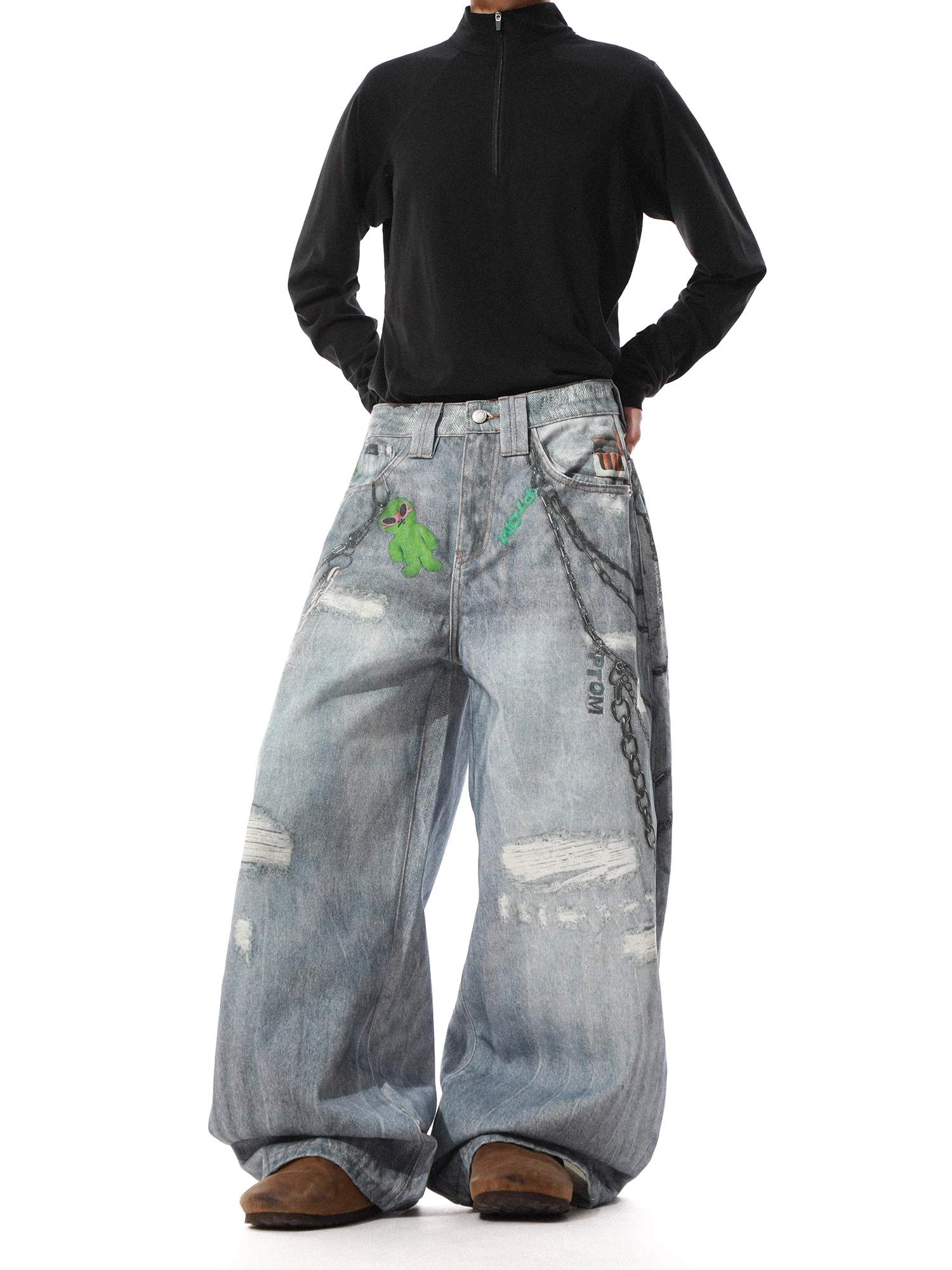 MRNEARLY American High Street Creative Print Wide Leg Jeans Men Loose Straight Casual Trousers Trendy Hole Washed mid Waist