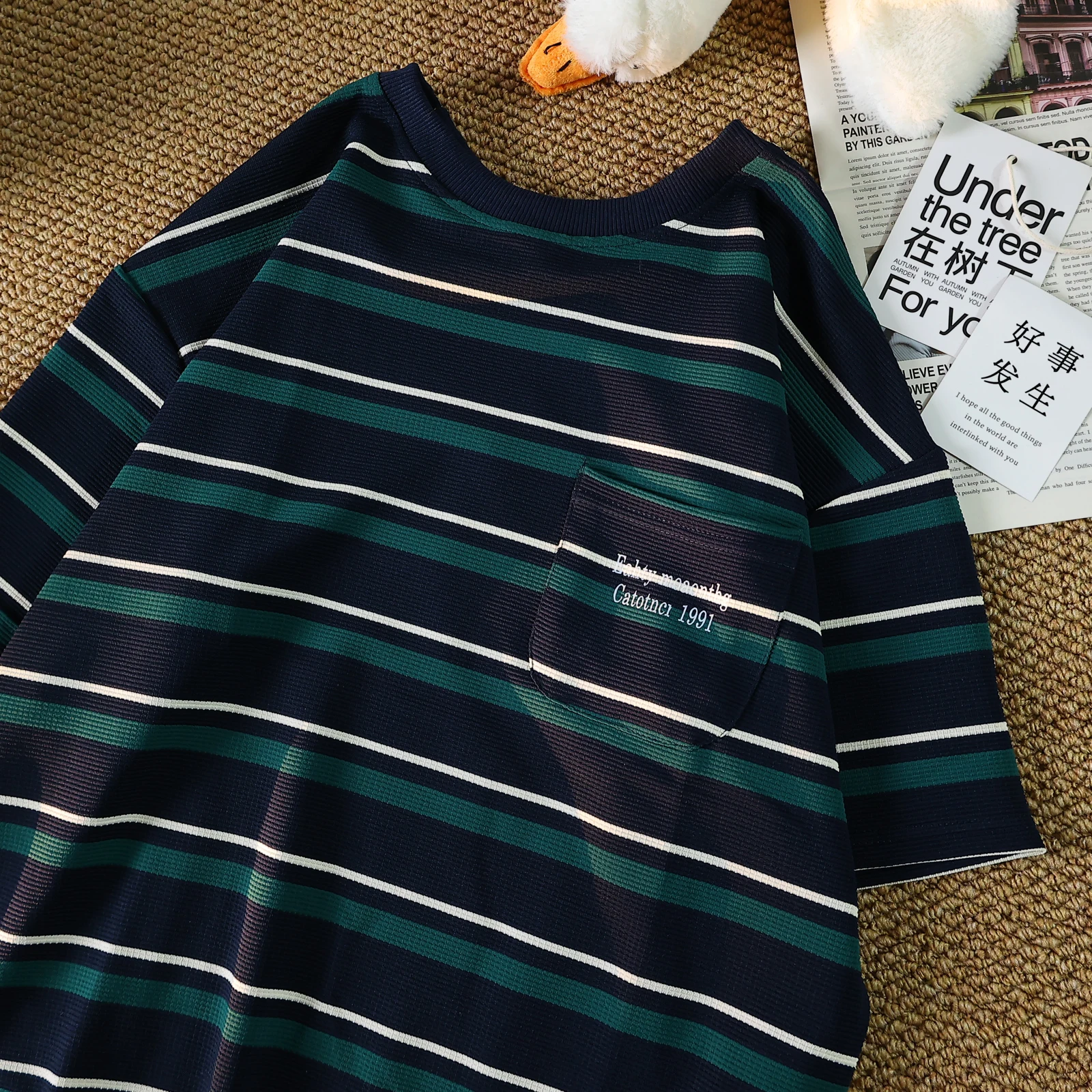 Japanese Style Versatile Small Crowd Striped Pocket Pure Cotton Short Sleeve Men's T-shirt Loose Casual Half Sleeve Summer Trend