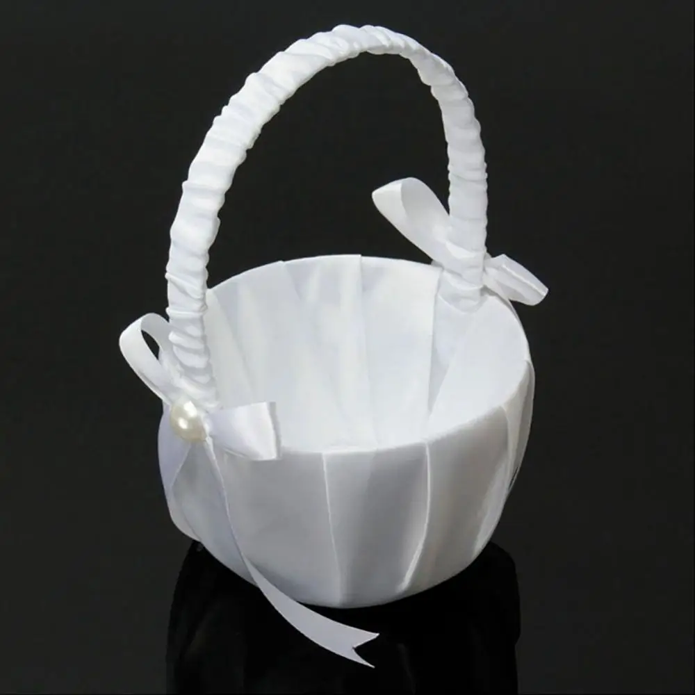 20 cm White Flower Girls Basket Silk Wedding Basket for Flower Bride/Kids Hand Held Wedding Ceremony Party Decorations