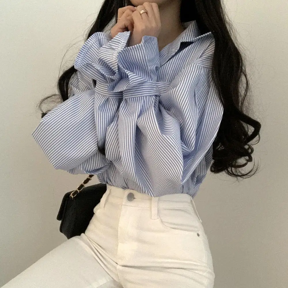 Women Striped Shirts Designer Lantern Sleeve Ulzzang Boyfriend Korean Style Fashionable Soft Tops Students All-match Casual New