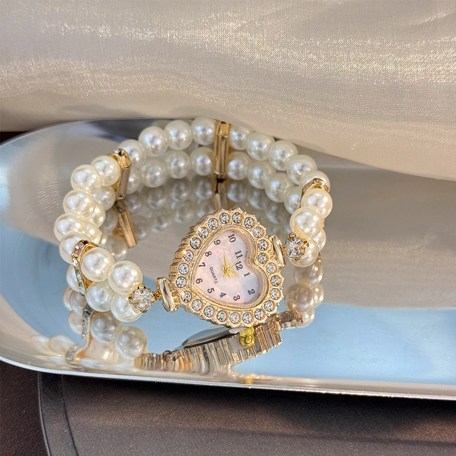 مرونة صف مزدوج اللؤلؤ الماس مرصع سوار على غرار السيدات ووتش عدد القلب الماس كوارتز ساعة تتجه شريط مرن