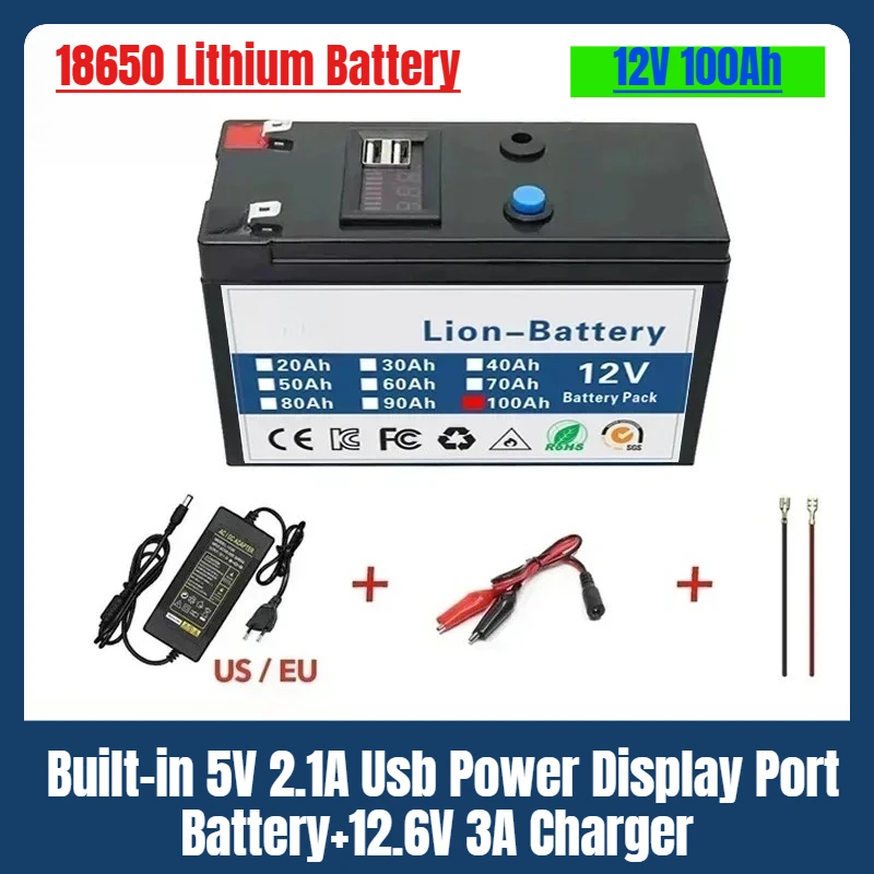 

12V 100Ah 18650 Rechargeable LiFePO4 Lithium Battery Built-in 5V 2.1A Usb Power Display Port Battery+12.6V 3A Charger