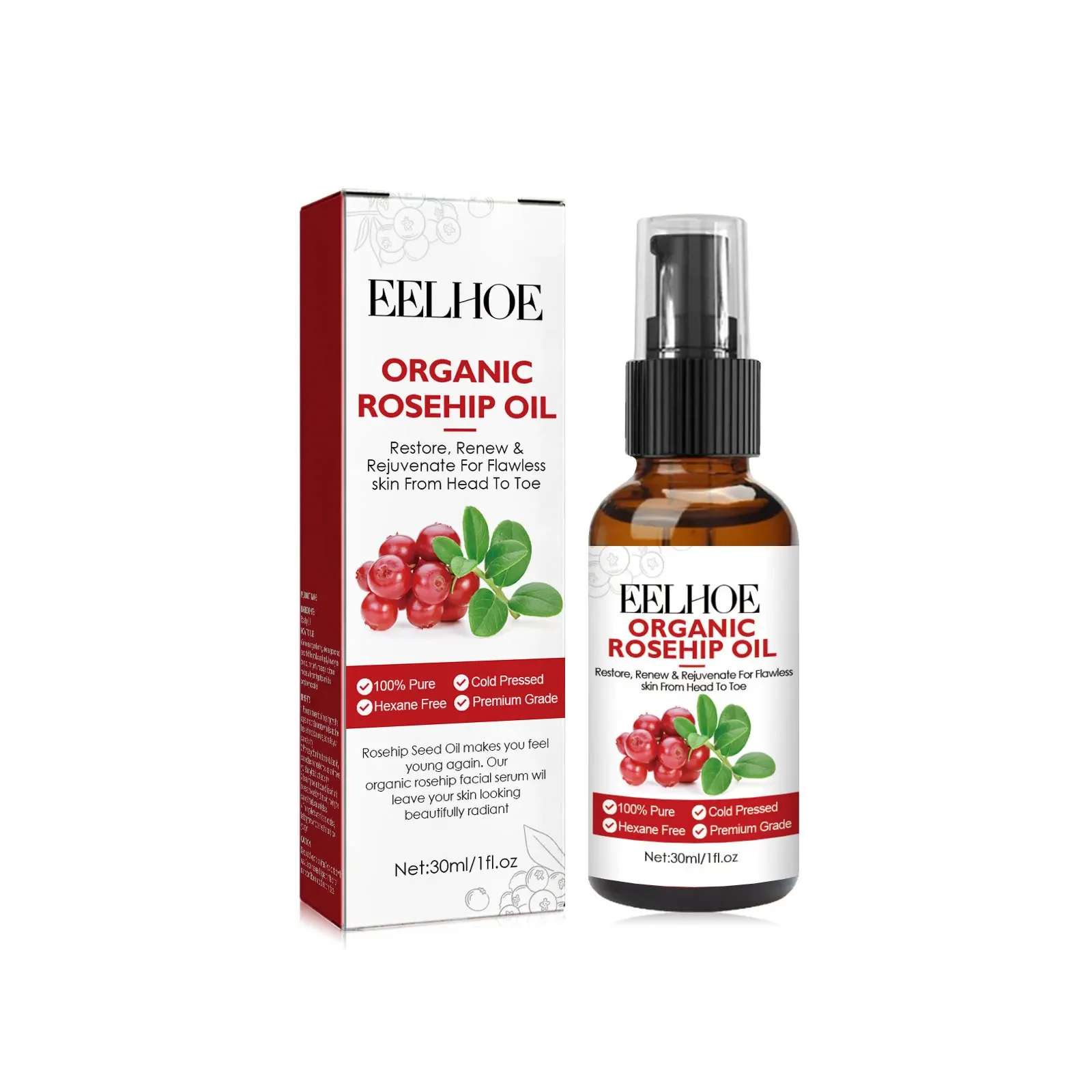 

30ml Rosehip Oil Facial Serum Moisturizing and Fading Wrinkles Organic Face Serum Fine Pore Anti-aging Essential Oil