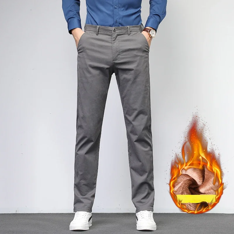 

2024 Pants Men Winter Cotton Straight Stretch Trouser Male Classic Casual Work Business Fleece Warm Formal Office Quality Classy