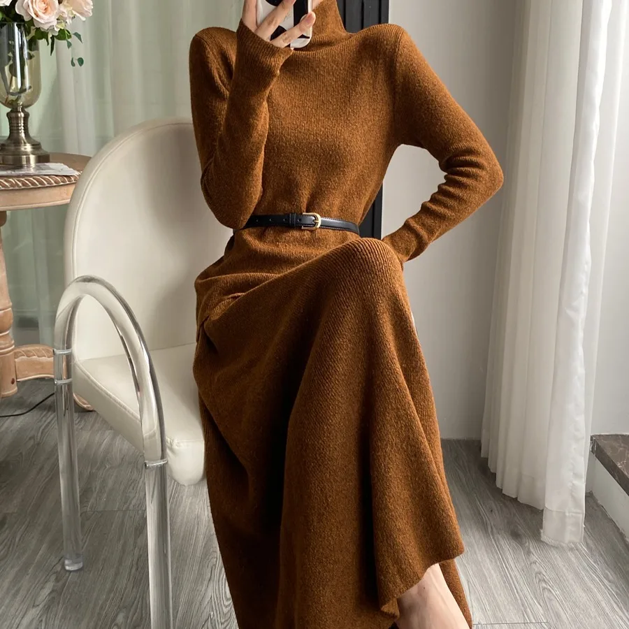 Koreaanse Sle Slim Fit Gebreide Trui Hoge Kraag Dames Dr Riem Inbegrepen Tweedelige Set Lange Rok F-hoge Kraag