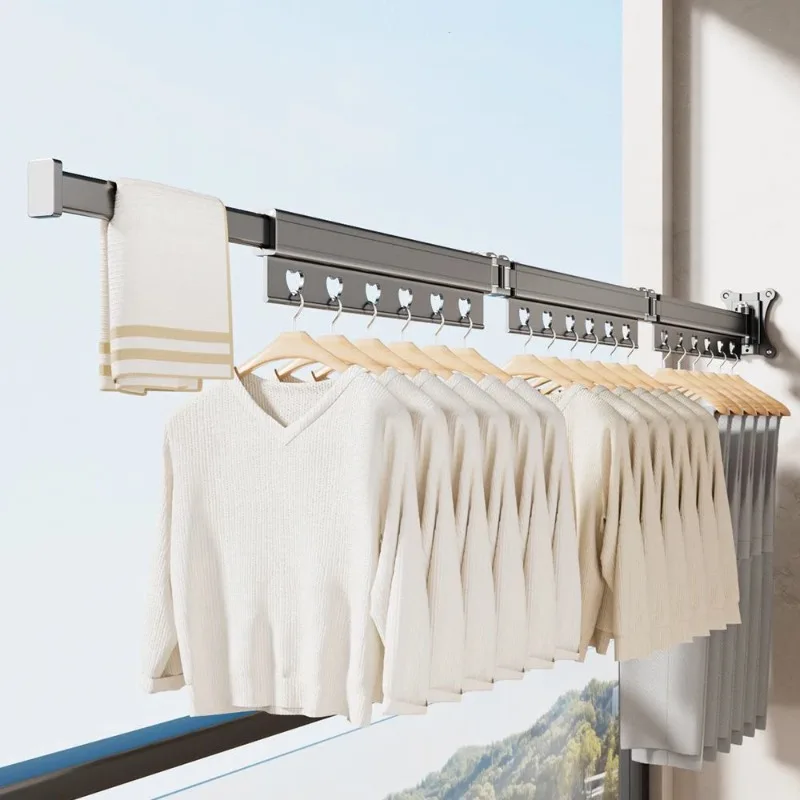 Invisible Balcony Clothes Rod Folding Laundry Drying Rack Stretchable Clothes Hanger Nail-type Wall Mounted Metal