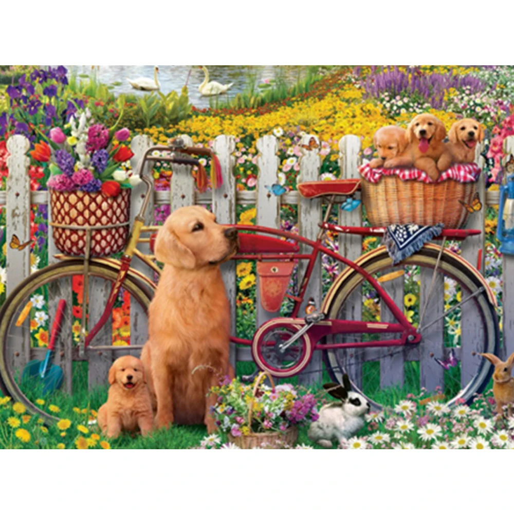 Diamond Painting Full Square/Round Dog Bike Embroidery Mosaic Golden Retriever Diamond Flower Animals Home Decor