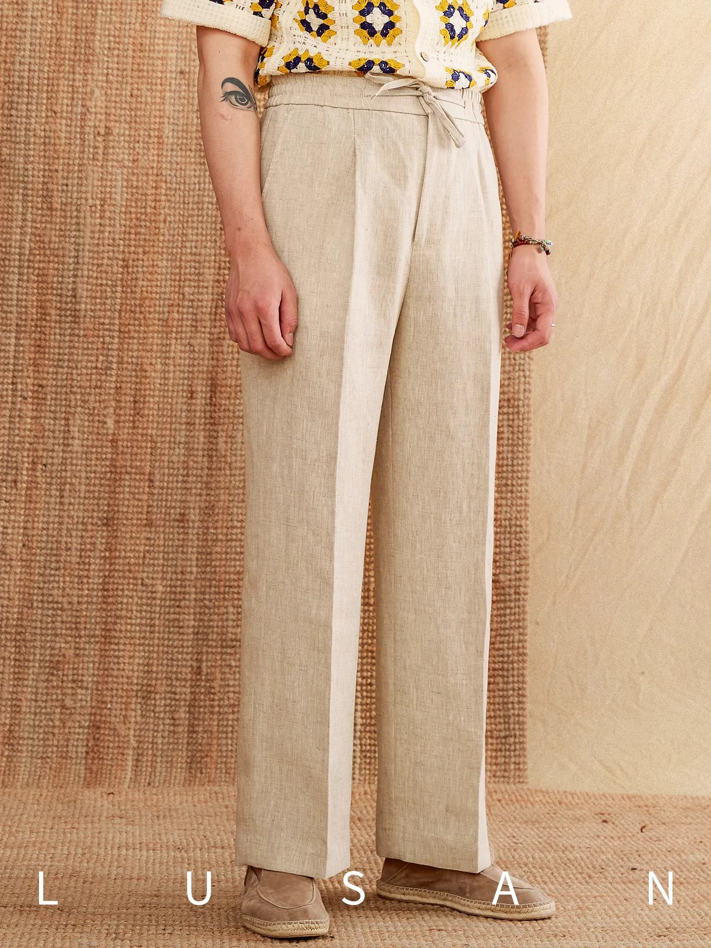 

Men's 100% Linen High Waisted Elastic Pants Summer Loose Casual Long Pants Breathable Lace-Up Pants for Old & New Rich