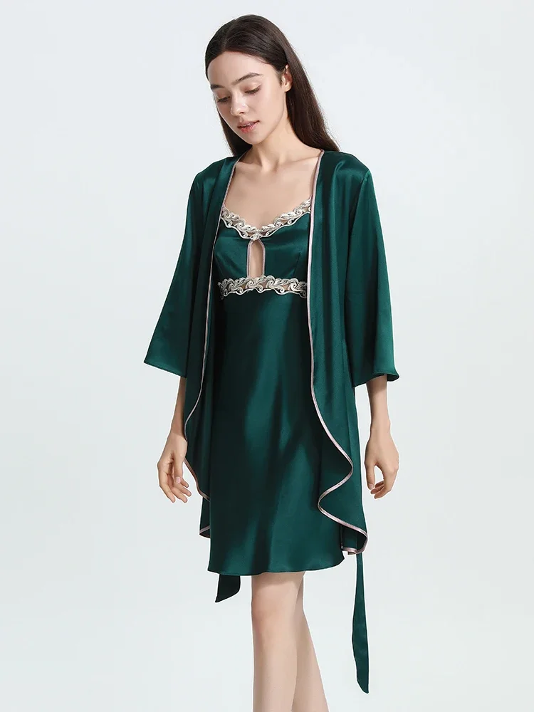 Roupões de seda pesada de 19mm e vestido de noite, pijama, conjunto de 2 peças, roupão de banho 100% seda amoreira e mini camisola deslizante, roupa de dormir, quimono