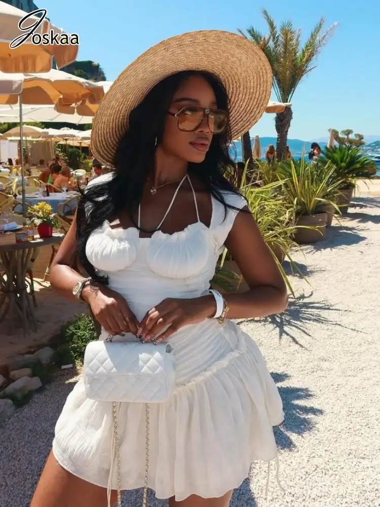 

Joskaa 2025 Summer Women's Sexy Square Collar Short Sleeve Ruffles Hem Bodycon Mini White Dress Holiday Party Beach Streetwear