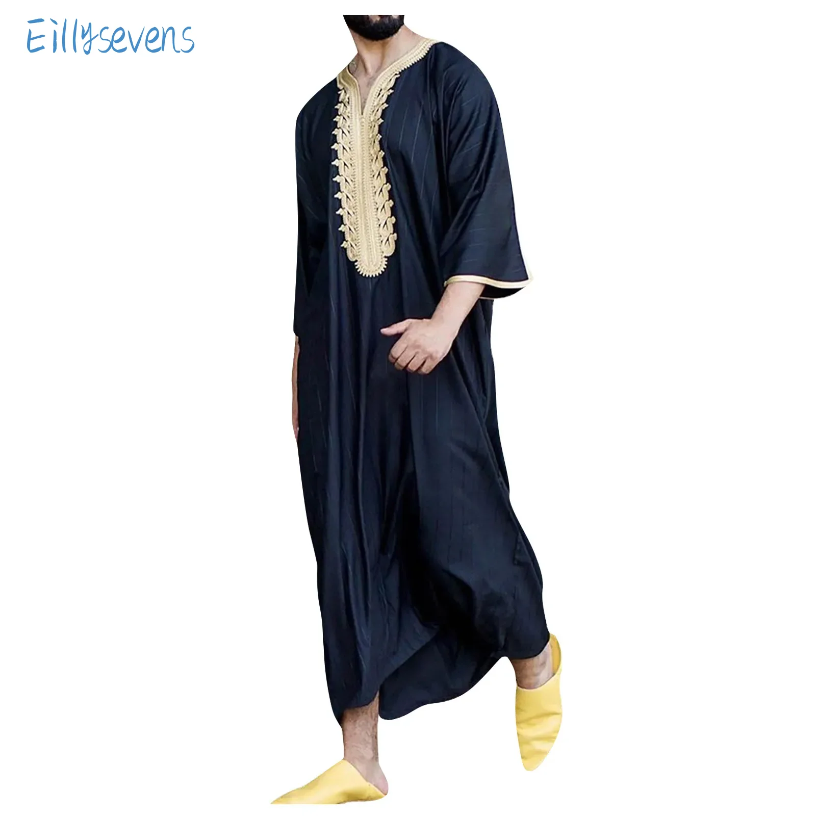 Summer Muslim Men'S Robe Short Sleeve Patchwork Embroidered Arab Ethnic Style Men'S Islamic Clothing Daily Causal Loose Style