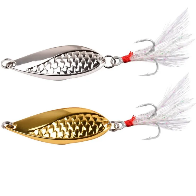 Metal Sequins Spoon Lure with Treble Hook   Snake Fishing Lures   Feather Baits   Gold   Silver   3.5G   5G   7g   10g   15g   2