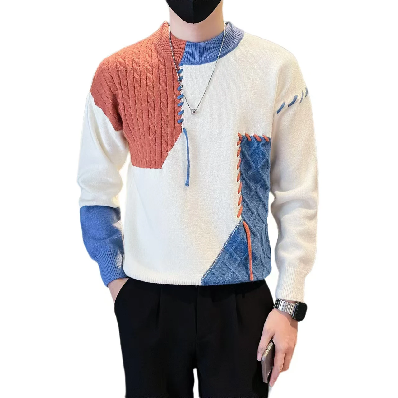 الخريف الشتاء تقسم سترة الرجال سليم صالح نصف عالية الرقبة طويلة الأكمام محبوك البلوزات الأعمال عادية تريكو قاعدة قميص #5