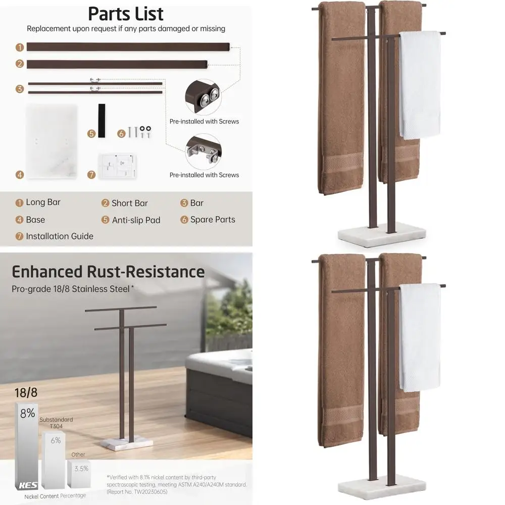 

2-Tier Bronze Towel Rack with Marble Base for Bathroom, Holds Bath and Hand Towels, 18/8 Stainless Steel