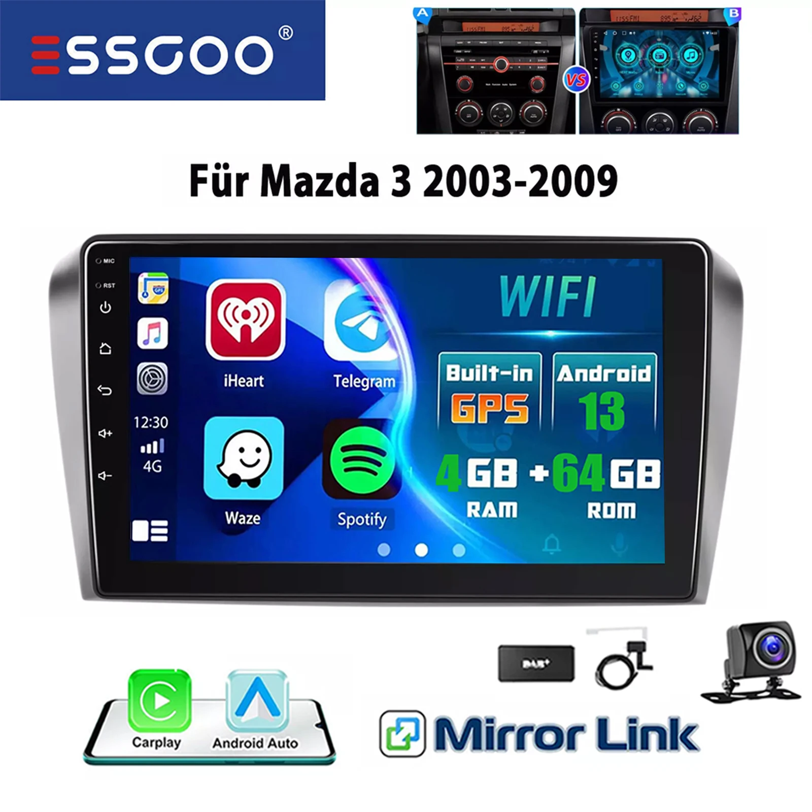 ESSGOO 9" 2 DIN HD Touchscreen Display voor Mazda 3 2003-2009 Android 13 Autoradio Wireless CarPlay GPS Navigatie Stereo Bluetooth FM WIFI RDS Multimedia Video Speler 32G/64G 4 Core