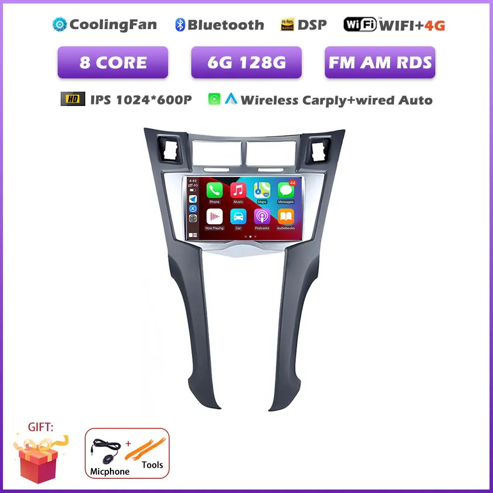 7 inch autoradio voor Toyota Yaris 2005-2011 met Carplay, Android 16, navigatie, GPS, multimedia, videospeler en Bluetooth.