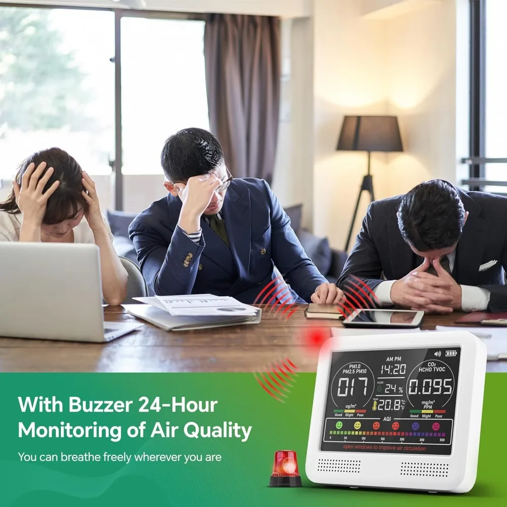 Monitor della qualità dell'aria 16 in 1 per interni con allarme acustico 7AQ, monitor CO2, rilevatore della qualità dell'aria con PM1.0 PM2.5 PM10 |   Temperatura HU