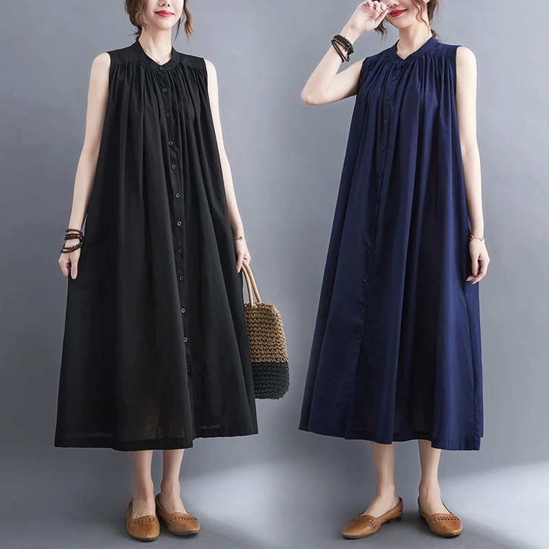 Sukienka damska plus size z plisami, jednolita, z okrągłym dekoltem, zapinana na jeden guzik, wyszczuplająca brzuch, idealna na lato.