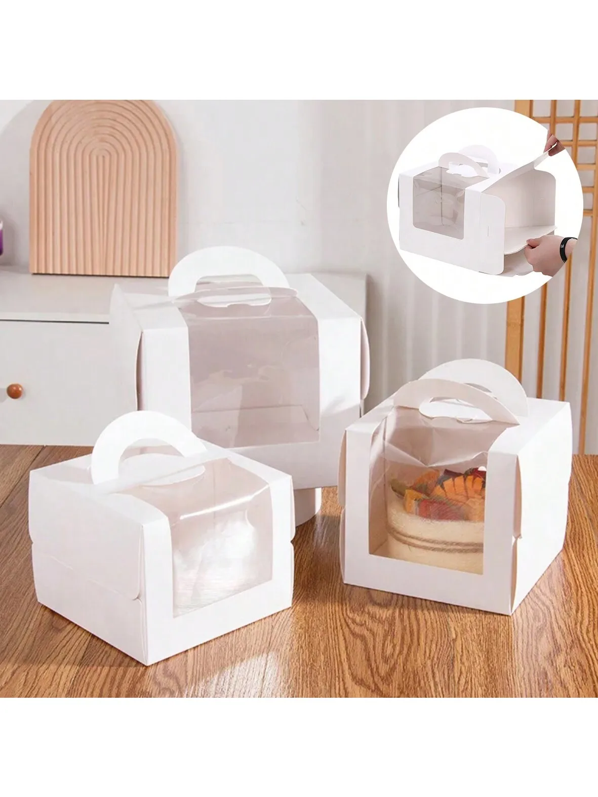 5 Stück weiße Kuchenboxen mit Fenster und Griff, tragbare Papier-Bäckereiboxen für Cupcakes, Kuchen, Kekse, Gebäckverpackungen – Detail 1