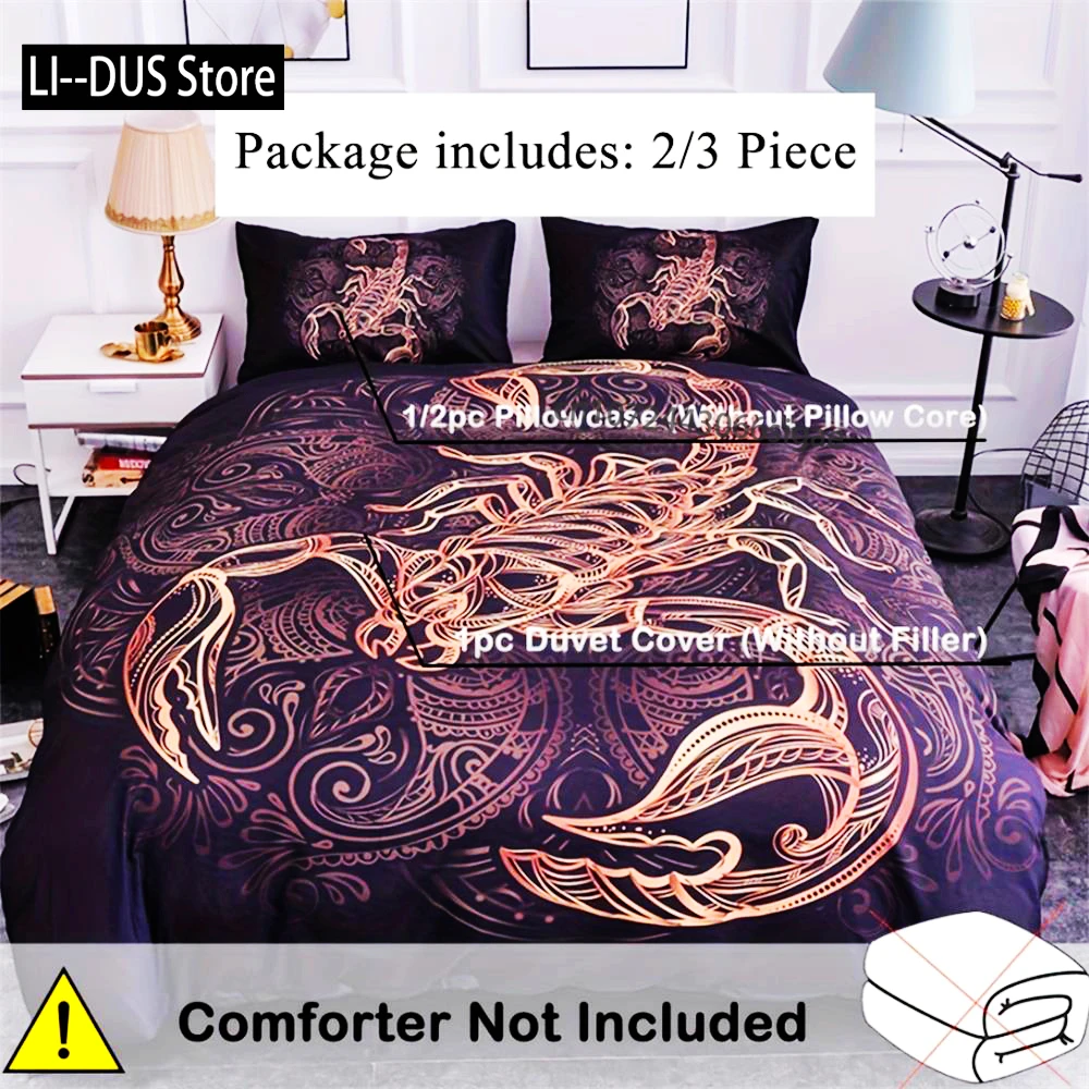 

2/3 шт. Черный и золотой комплект пододеяльников с принтом «Созвездие скорпиона» (1 пододеяльник + наволочка 1/2, без ядра), комплект постельного белья