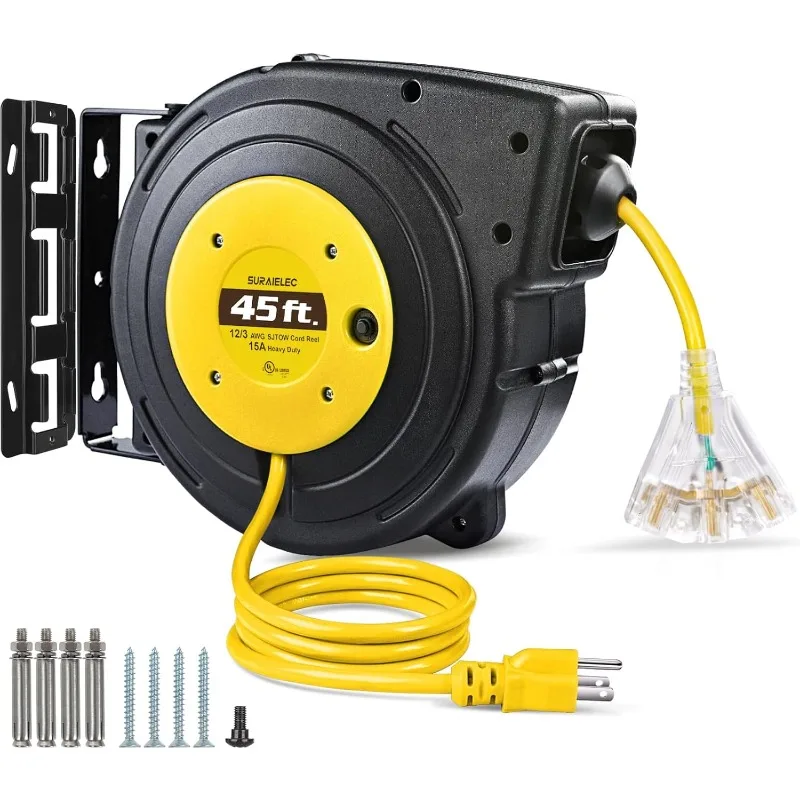 

12 Gauge Extension Cord Reel, 45 FT Retractable Extension Cord, 12 AWG/3C SJTOW Heavy Duty Power Cord