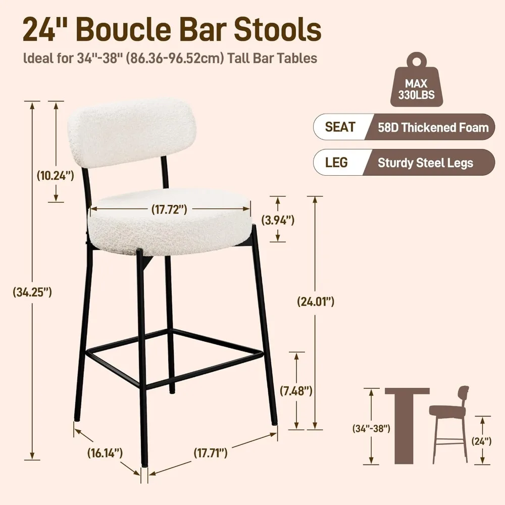 24'' Bar Stools Set of 4, Counter Height Bar Stools Barstools with 4'' Thick Round Seat Tall Metal BarStool with Curved Back