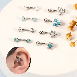 1-4pcs Retro Turquoise Opal Sunflower Stainless Steel Curved Ear Studs, Curved Rod Eyebrow Stud, Men's Ear Piercing Jewelry