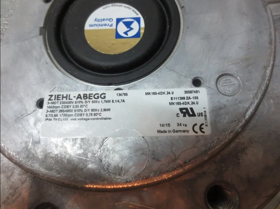 Ziehl-abegg MK165-4DK.24.U 123245 380V AC 3.5KW GA55 1670RPM Ball Bearing Air Compressor Motor Cooling Fan