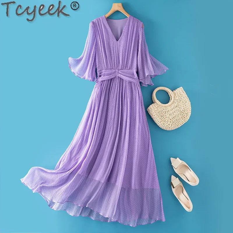 

Tcyeek 100% Real Mulberry Silk Dress Womens Clothing Summer Dress 2024 Elegant and Pretty Women's Dresses Dots Vestidos De Mujer