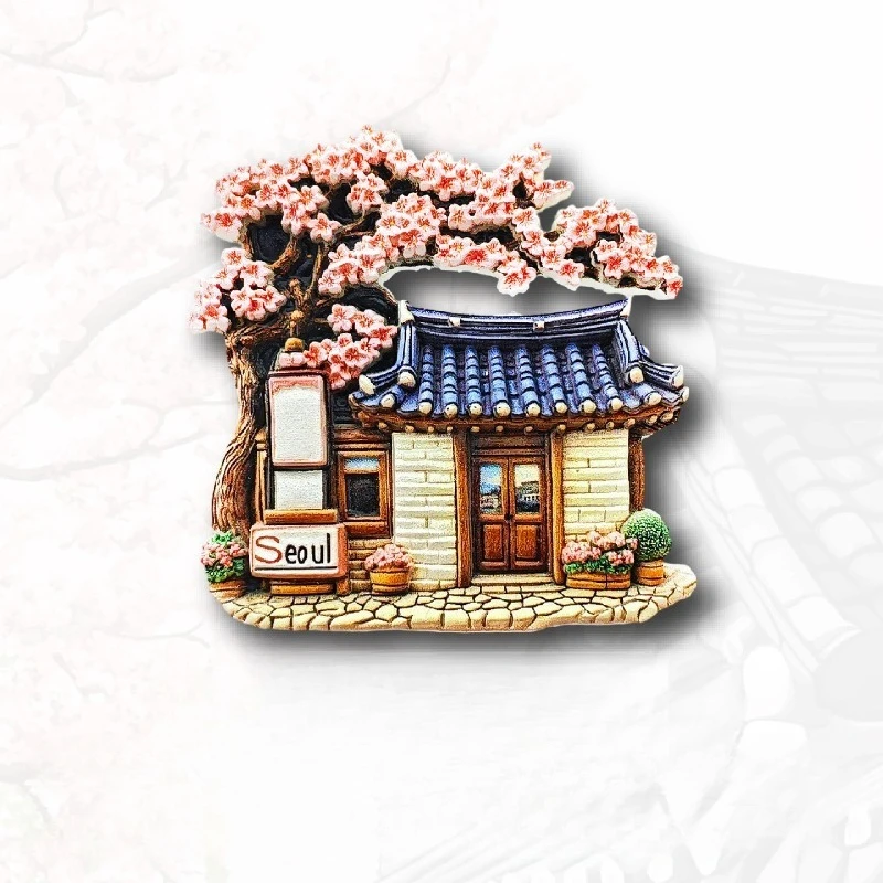 مغناطيس ثلاجة قرية سيول هانوك - تذكار منزلي كوري ثلاثي الأبعاد لتزيين السقف المطلي باللون الأزرق هدية آسيا فريدة من نوعها